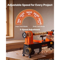VEVOR Wood Lathe 3/4 HP 12" x 18" Benchtop Wood Lathe Machine 5 Speeds, 780/1320/1920/2640/3840 RPM, with Tool Rest