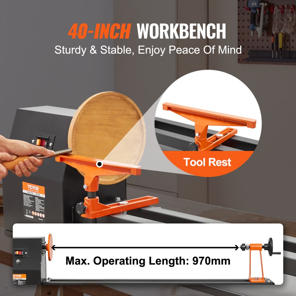 VEVOR Tabletop Wood Lathe, Dimensions 14x40 inches, Motor Power 0.5 HP 370W, Features Variable Speeds