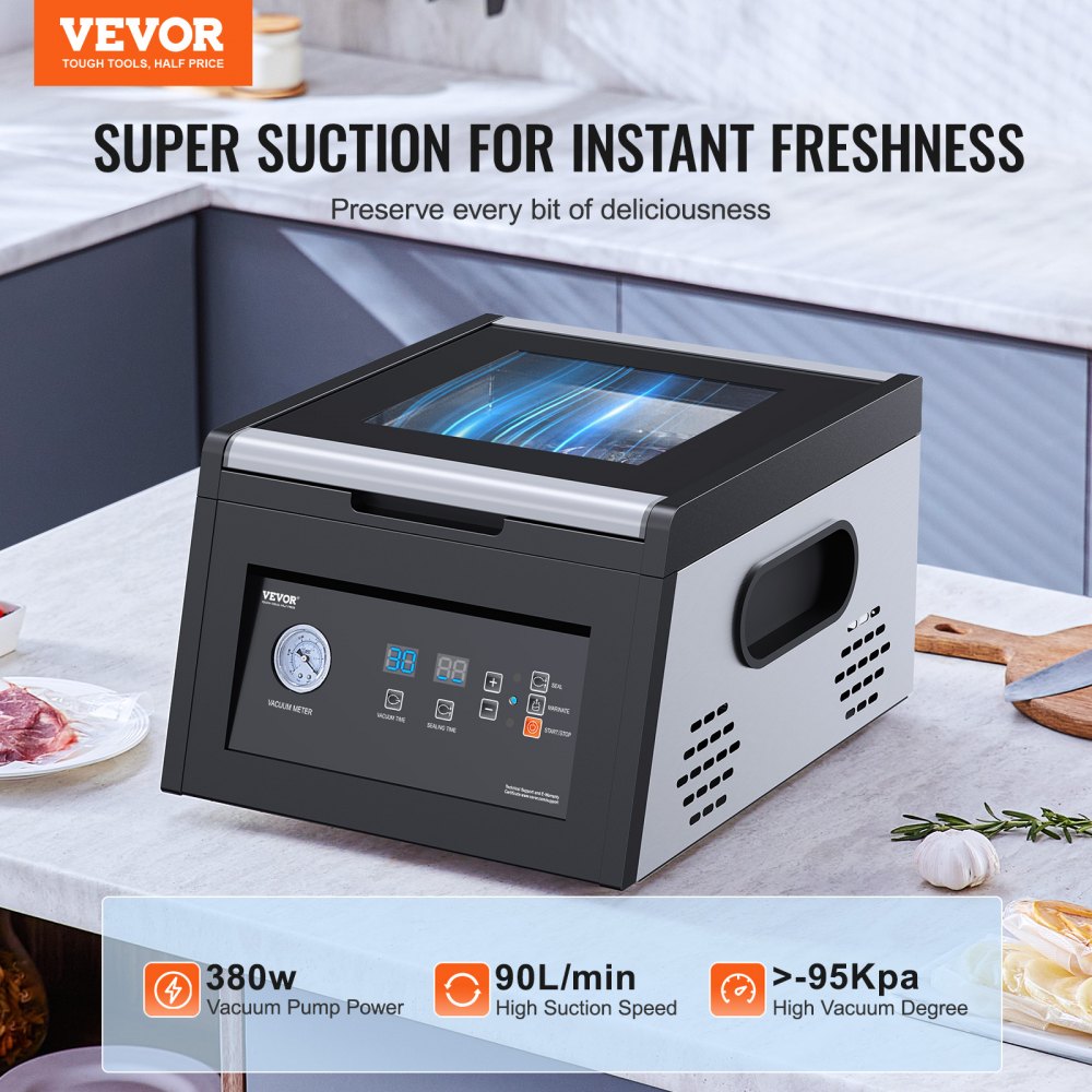 VEVOR Chamber Vacuum Sealer, 380W Vacuum Pump Power, Sealing Bag Packing Machine for Wet Foods, Meat, Compact Design