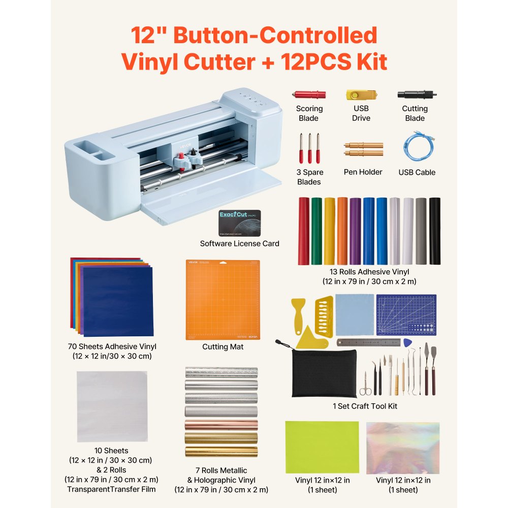 VEVOR Vinyl Cutting Machine, 12 in, Button-Controlled Vinyl Cutter with Materials and Tool Kit, 20000+ Built-in Design