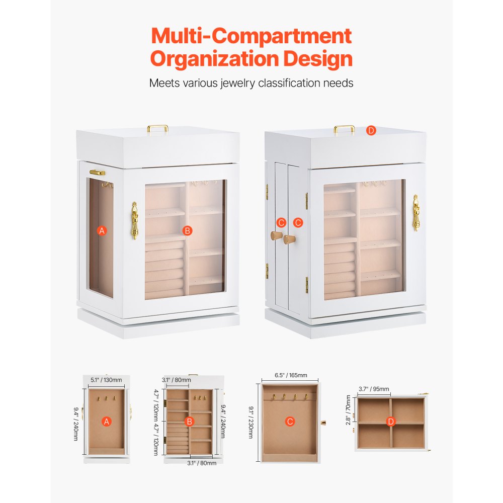 VEVOR Jewelry Box, 360° Rotating Jewelry Organizer with Magnetic Door, Acrylic Window and Built-in 4 Necklace Hooks
