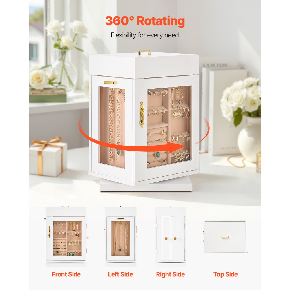 VEVOR Jewelry Box, 360° Rotating Jewelry Organizer with Magnetic Door, Acrylic Window and Built-in 4 Necklace Hooks