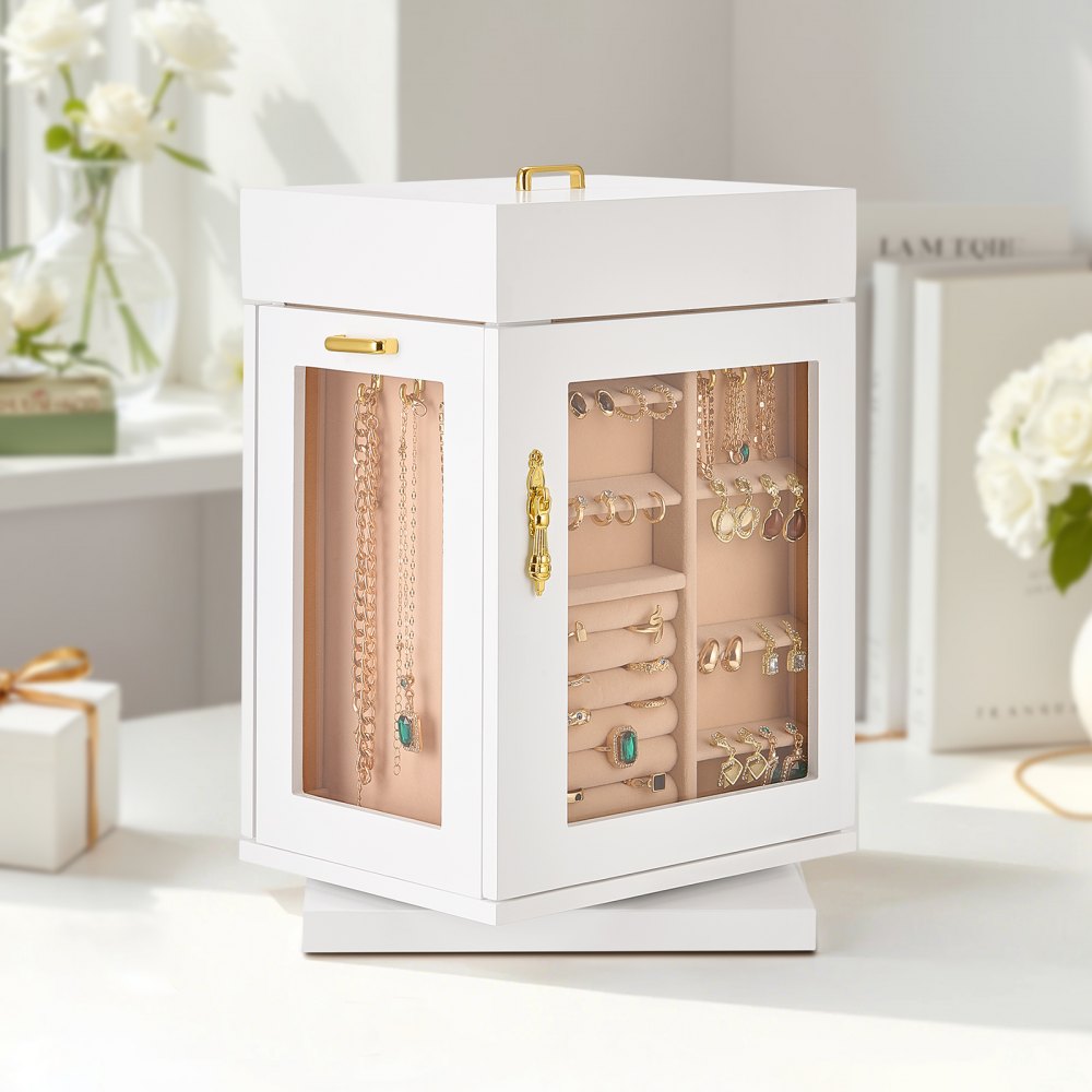 VEVOR Jewelry Box, 360° Rotating Jewelry Organizer with Magnetic Door, Acrylic Window and Built-in 4 Necklace Hooks