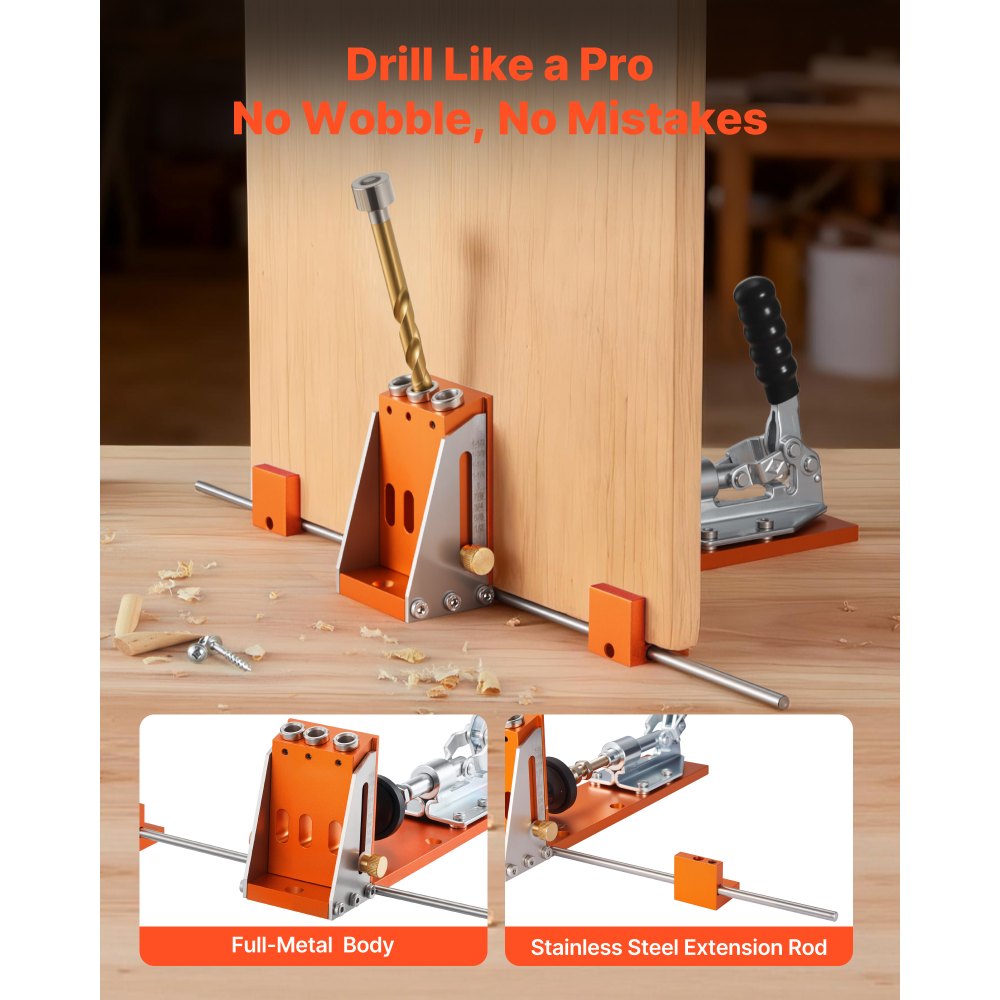 VEVOR Pocket Hole Jig Kit, 1/2 to 1-1/2 in Adjustable, Jig Pocket Hole System with Toolcase, C-Clamp, Step Drill, Hex