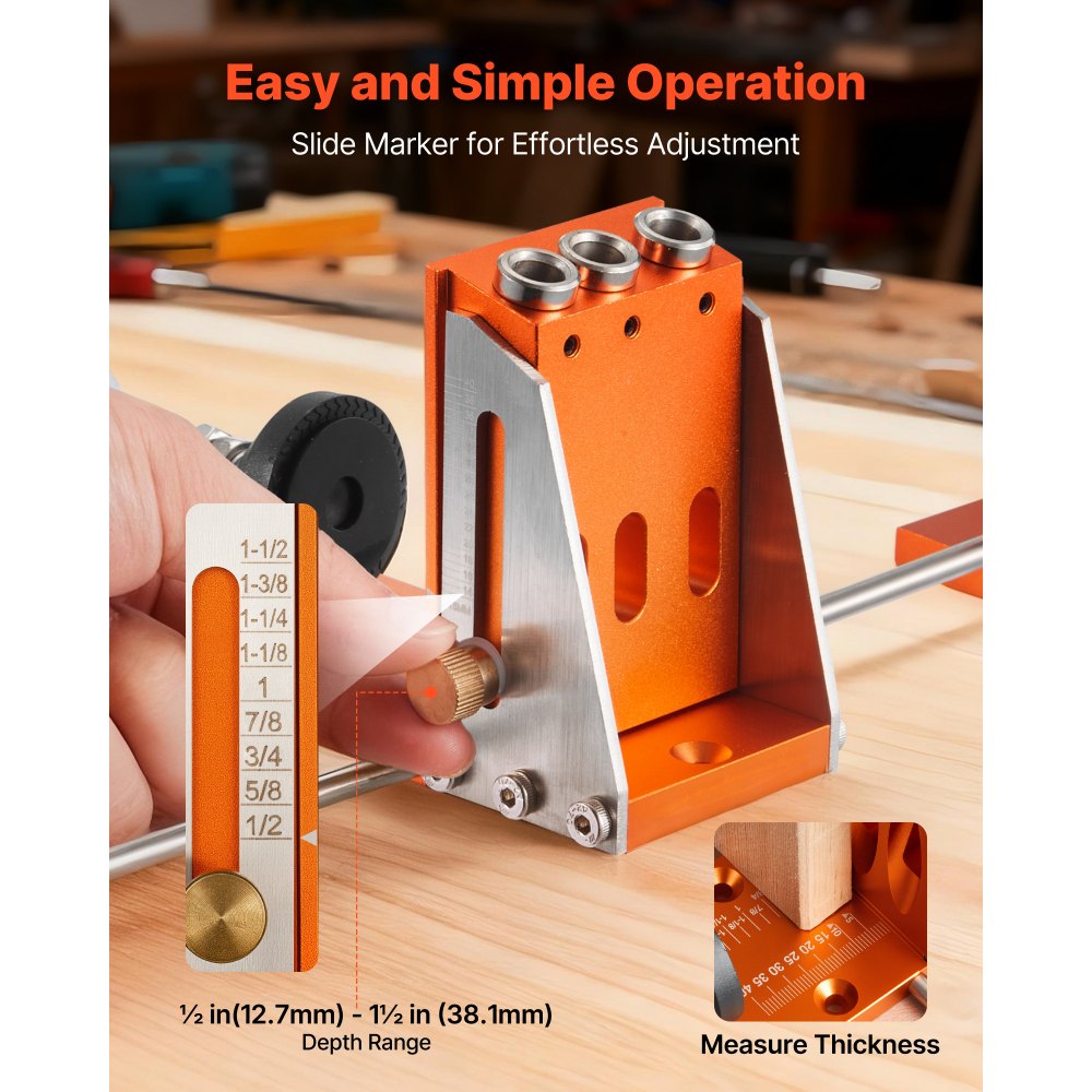 VEVOR Pocket Hole Jig Kit, 1/2 to 1-1/2 in Adjustable, Jig Pocket Hole System with Toolcase, C-Clamp, Step Drill, Hex