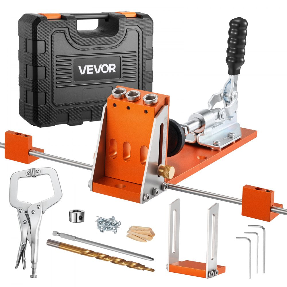 VEVOR Pocket Hole Jig Kit, 1/2 to 1-1/2 in Adjustable, Jig Pocket Hole System with Toolcase, C-Clamp, Step Drill, Hex