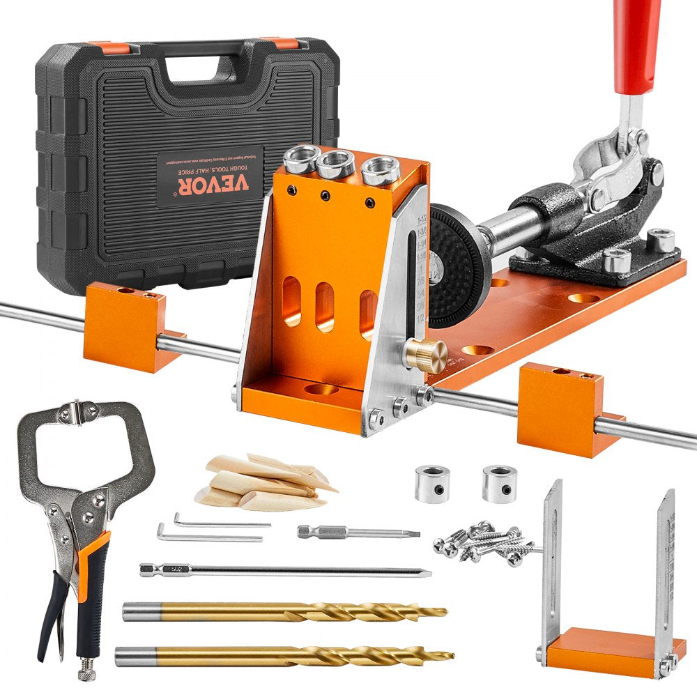 VEVOR Pocket Hole Jig Kit, 34 Pcs Pocket Hole Jig System with 11" C-clamp, Fixture, Step Drills, Wrenches, Drill Stop