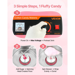 VEVOR Cotton Candy Machine Commercial, 1000W Electric Candy Floss Maker, Easy Use with 15 inch Stainless Steel Bowl and
