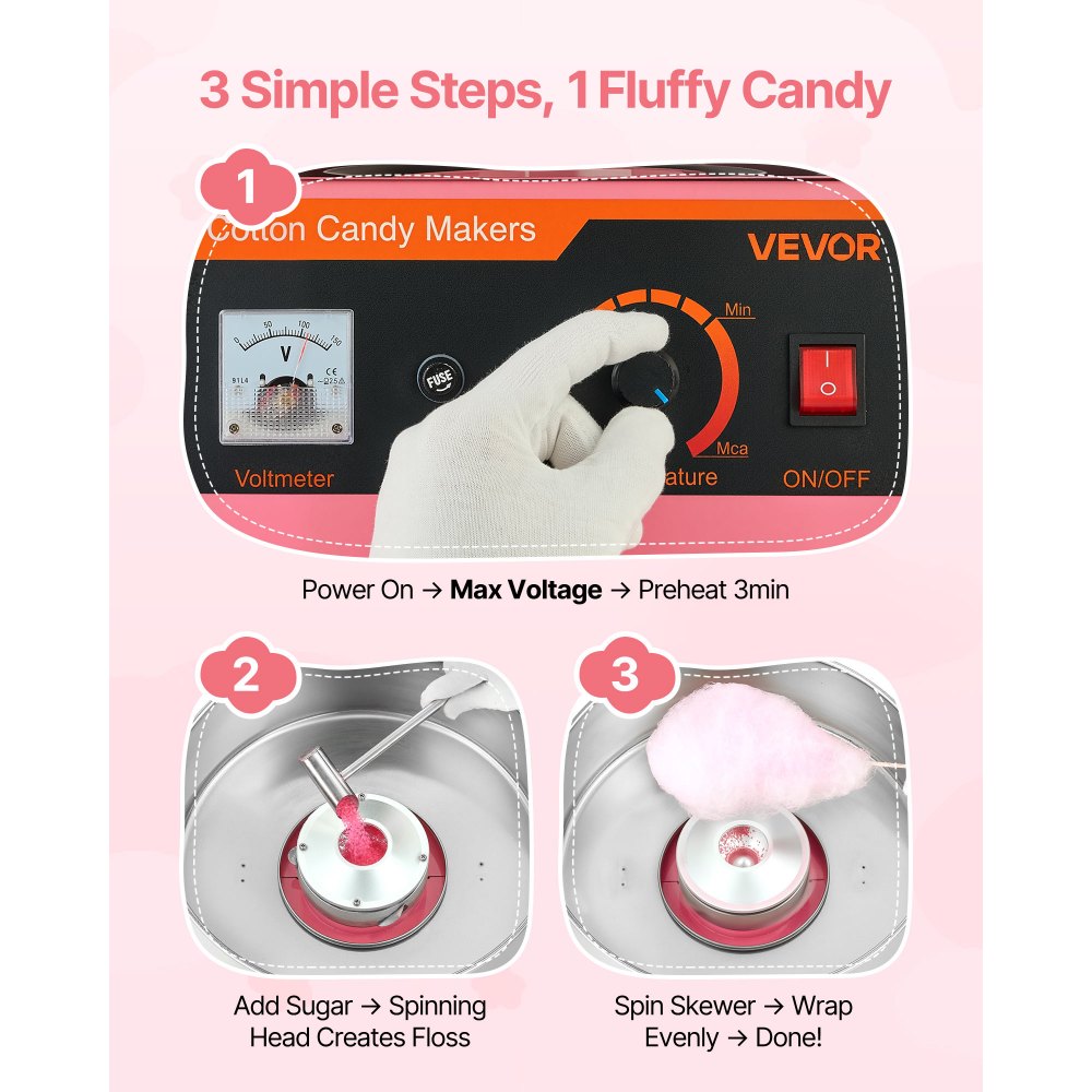 VEVOR Cotton Candy Machine Commercial, 1000W Electric Candy Floss Maker, Easy Use with 15 inch Stainless Steel Bowl and