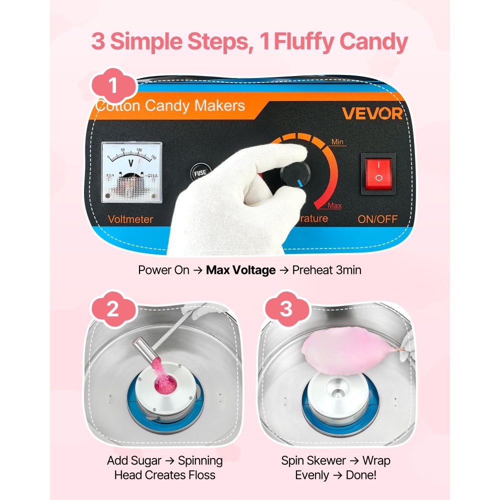VEVOR Cotton Candy Machine Commercial, 1000W Electric Candy Floss Maker, Easy Use with 15 inch Stainless Steel Bowl and
