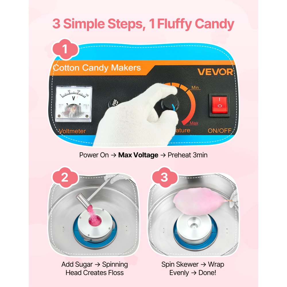 VEVOR Cotton Candy Machine Commercial, 1000W Electric Candy Floss Maker, Easy Use with 15 inch Stainless Steel Bowl and