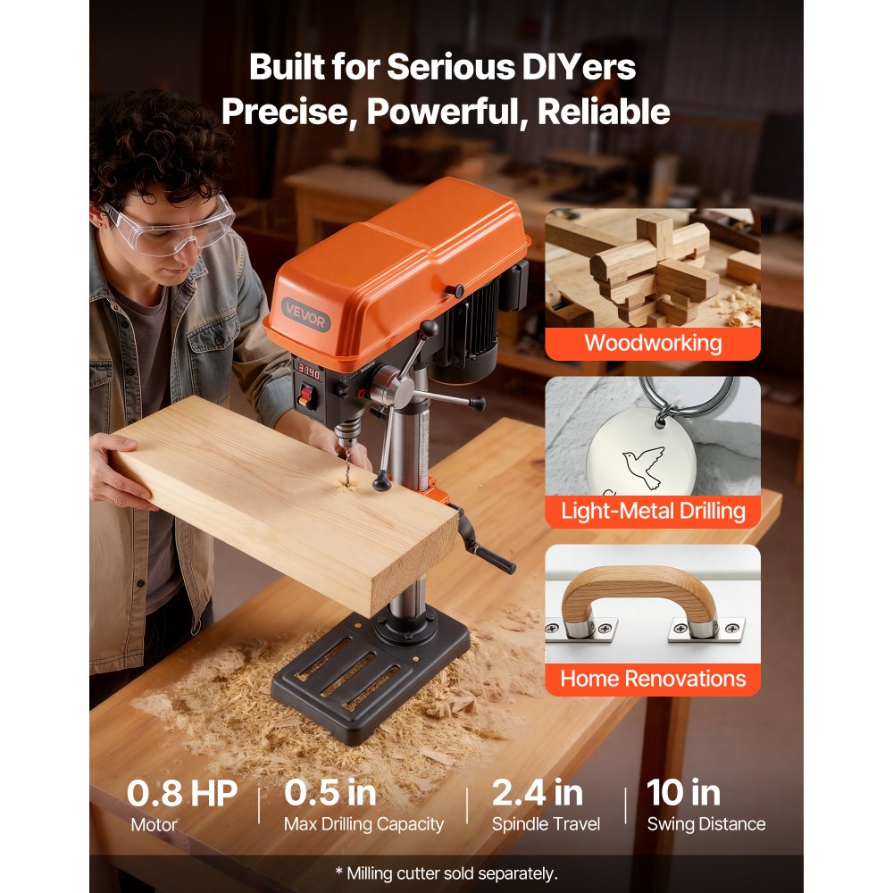 VEVOR 10-Inch Benchtop Drill Press, 5 Amp, 0.8 HP 600W Bench Drill Press, 530-3140 RPM Variable Speed, 0-45° Tilting
