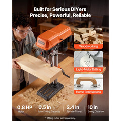 VEVOR 10-Inch Benchtop Drill Press, 5 Amp, 0.8 HP 600W Bench Drill Press, 530-3140 RPM Variable Speed, 0-45° Tilting