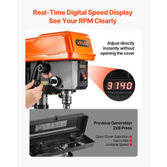 VEVOR 10-Inch Benchtop Drill Press, 5 Amp, 0.8 HP 600W Bench Drill Press, 530-3140 RPM Variable Speed, 0-45° Tilting