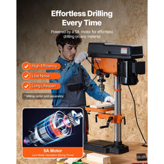 VEVOR 12 in Benchtop Drill Press, 5 Amp 120V, Variable Speed Cast Iron Bench Drill Press, 12 in Swing Distance 0-45°
