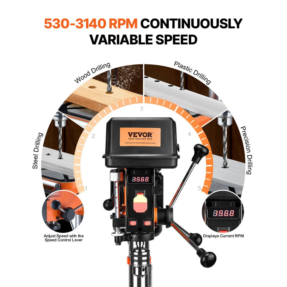 VEVOR 12 in Benchtop Drill Press, 5 Amp 120V, Variable Speed Cast Iron Bench Drill Press, 12 in Swing Distance 0-45°