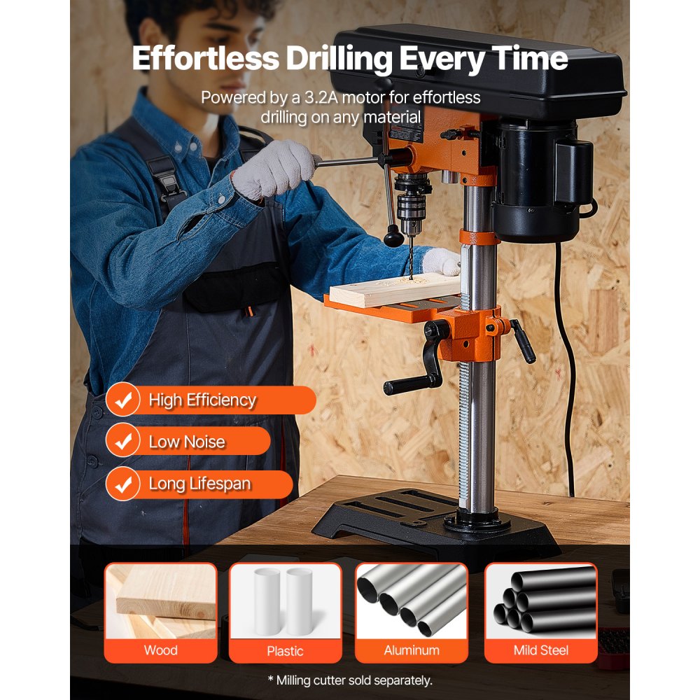 VEVOR Benchtop Drill Press, 3.2 Amp, 5-Speed Adjustable Drill Press with 650/1050/1800/2350/3100 RPM, 10-inch Swing