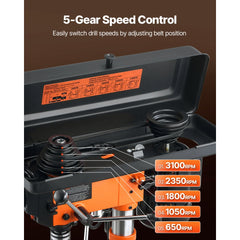 VEVOR Benchtop Drill Press, 3.2 Amp, 5-Speed Adjustable Drill Press with 650/1050/1800/2350/3100 RPM, 10-inch Swing