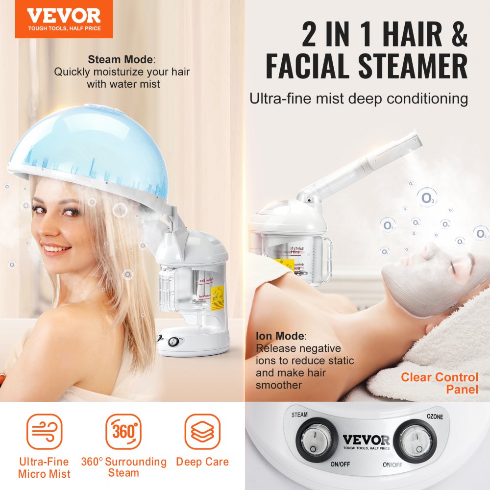 VEVOR Hair Steamer, 2-in-1 Professional Hair & Facial Steamer with Detachable Bonnet Hood, Nano Ionic & UV Ozone Face