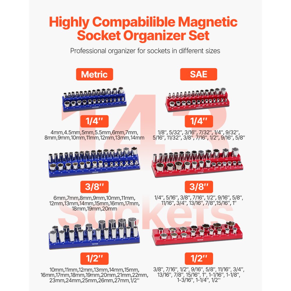 VEVOR Magnetic Socket Organizer Set, 6PCS Socket Holder, 1/4'', 3/8'' & 1/2'' Metric SAE Socket Trays with Clear