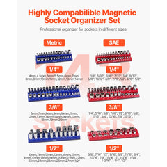 VEVOR Magnetic Socket Organizer Set, 6PCS Socket Holder, 1/4'', 3/8'' & 1/2'' Metric SAE Socket Trays with Clear