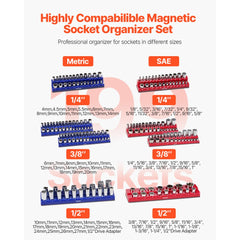 VEVOR Magnetic Socket Organizer Set, 8PCS Socket Holder, 1/4'', 3/8'' & 1/2'' Metric SAE Socket Trays with Clear