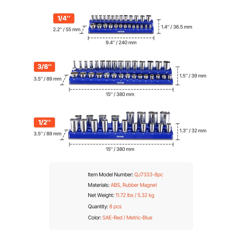 VEVOR Magnetic Socket Organizer Set, 8PCS Socket Holder, 1/4'', 3/8'' & 1/2'' Metric SAE Socket Trays with Clear