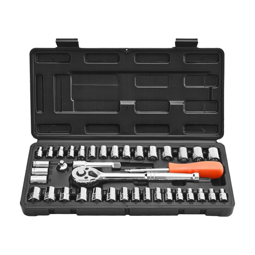 VEVOR Socket Set, 39 Pieces, 3/8 & 1/4 inch Drive Socket and Ratchet Set, SAE and Metric Size, Mechanic Tool Kit with