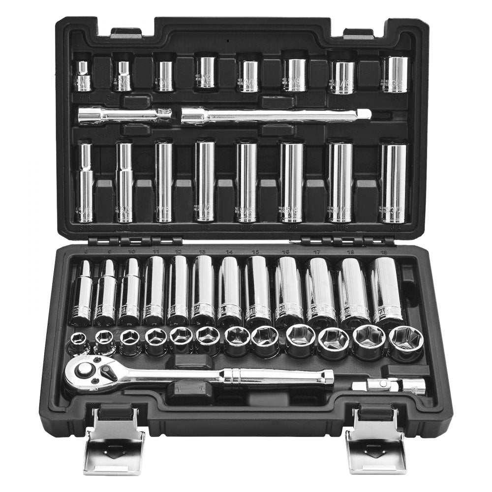 VEVOR Socket Set, 44 Pieces, 3/8 inch Drive Socket and Ratchet Set, SAE and Metric, Deep and Shallow, Mechanic Tool Kit