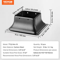 VEVOR Post Base 4x4 10Pcs, Internal 3.6"x3.6" Heavy Duty Powder-Coated Steel Post Bracket Fit for Standard Wood Post
