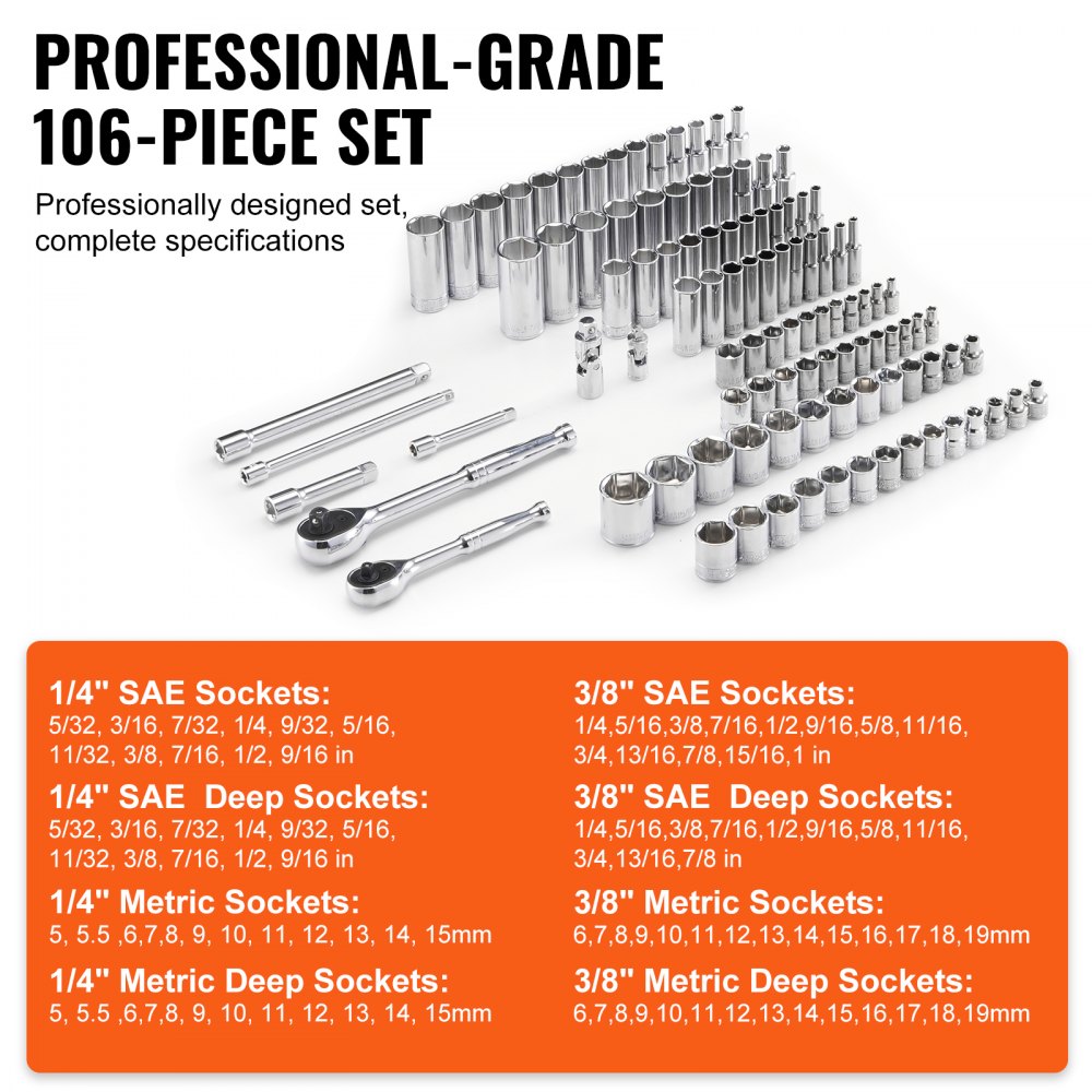 VEVOR Socket Set, 1/4" and 3/8" Drive Socket and Ratchet Set, 6-Point Socket Opening, 106 Pcs Tool Set SAE and Metric