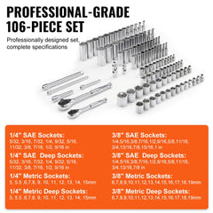 VEVOR Socket Set, 1/4" and 3/8" Drive Socket and Ratchet Set, 6-Point Socket Opening, 106 Pcs Tool Set SAE and Metric