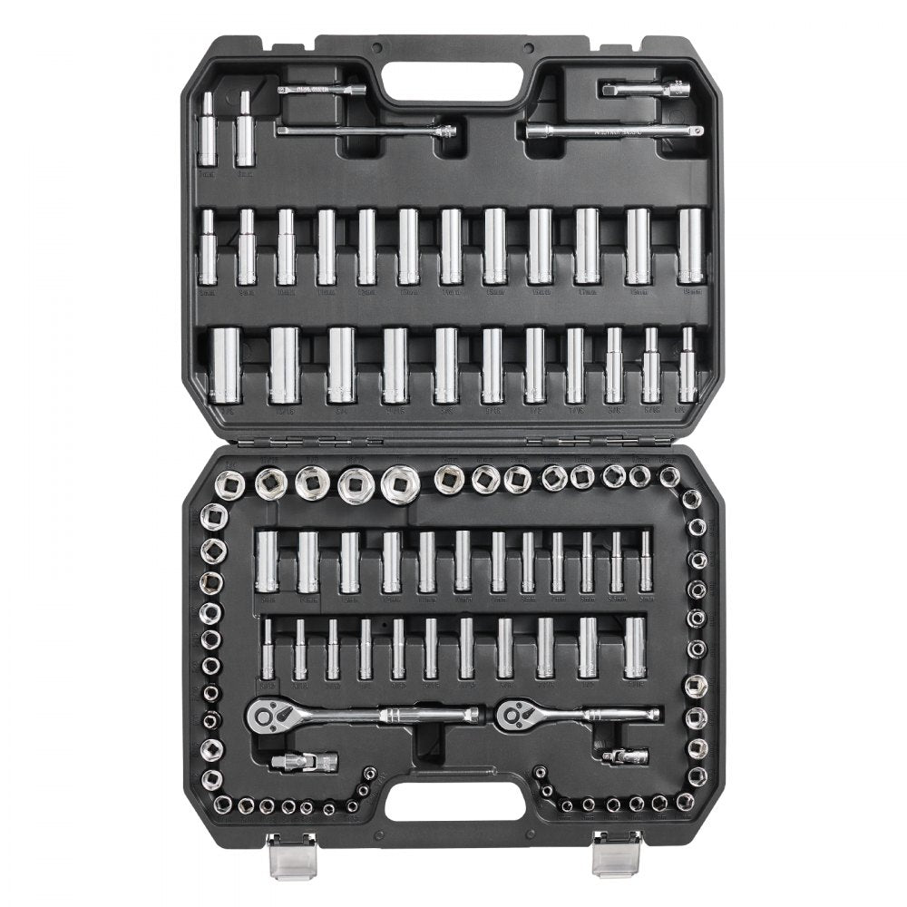VEVOR Socket Set, 1/4" and 3/8" Drive Socket and Ratchet Set, 6-Point Socket Opening, 106 Pcs Tool Set SAE and Metric
