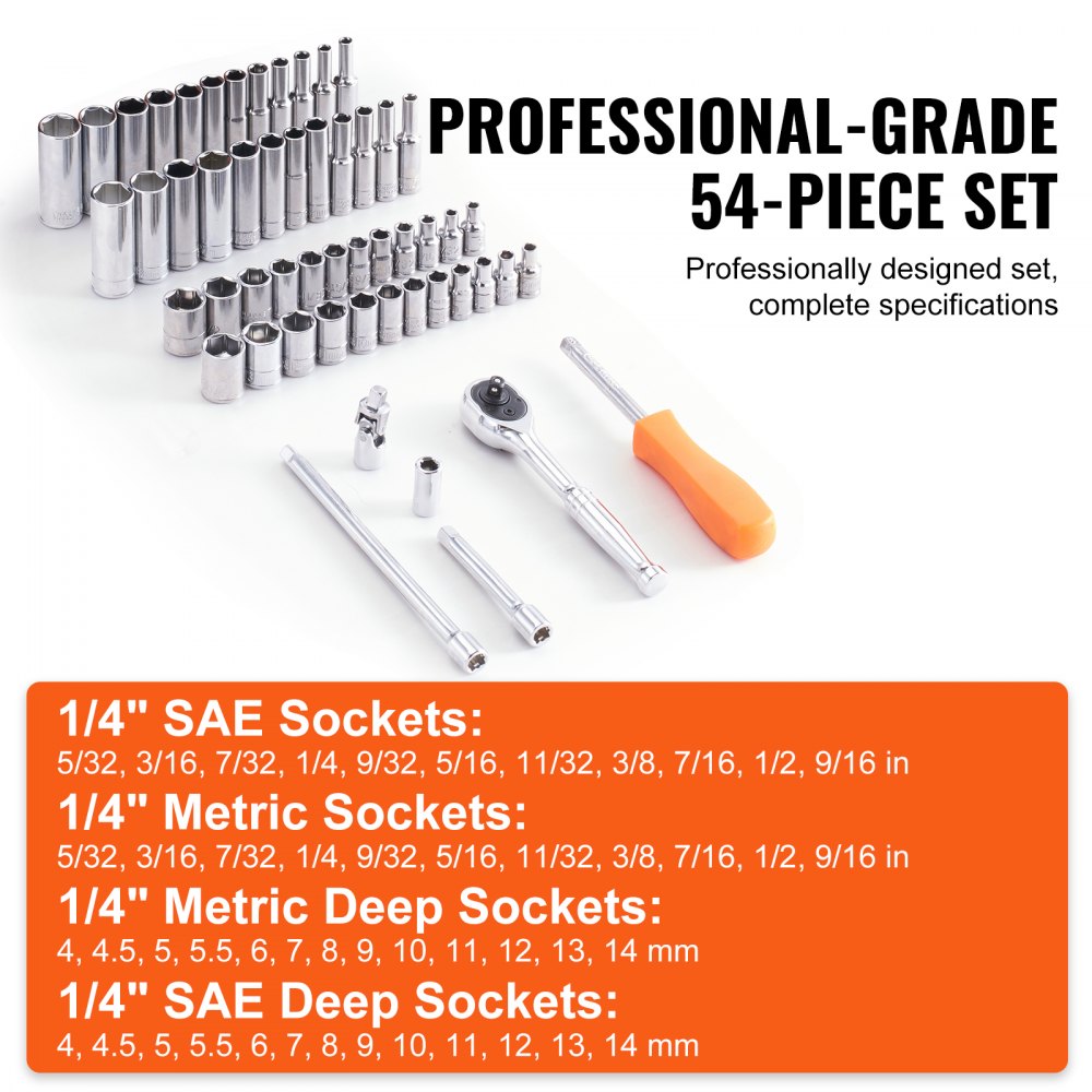 VEVOR Socket Set, 1/4 Inch Drive Socket and Ratchet Set, 6-Point Socket Opening, 54 Pieces Tool Set SAE and Metric