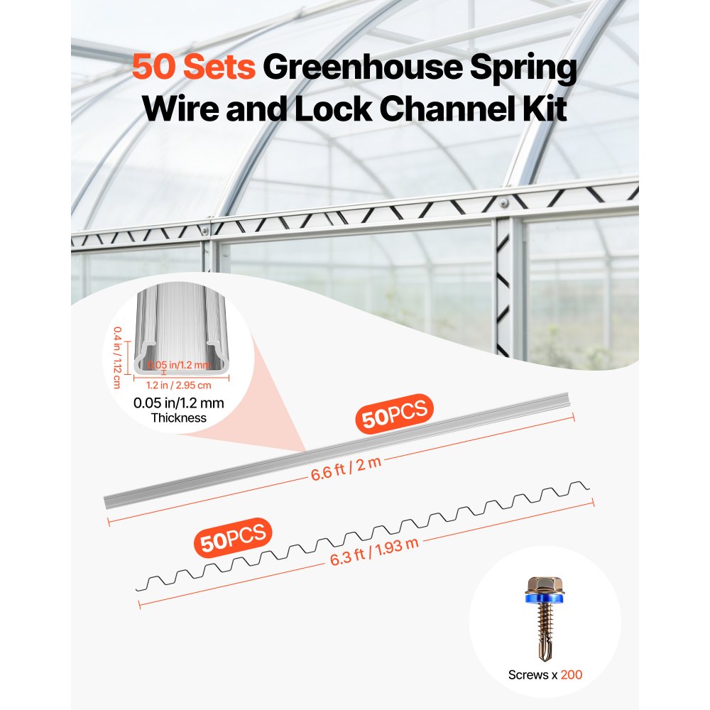 VEVOR Greenhouse Spring Wire and Lock Channel, 50 Packs 6.56 ft PVC-Coated Wiggle Wire & Aluminum Alloy Channel Bundle