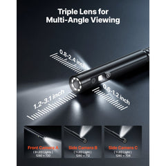 VEVOR Triple Lens Endoscope with Light, 5" HD IPS Screen Industrial Borescope Camera, 8 + 2 LED Lights, 8X Zoom