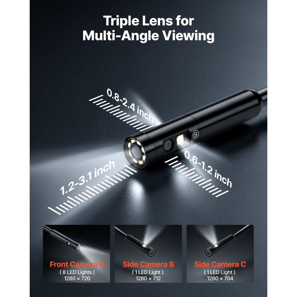 VEVOR Triple Lens Endoscope with 32.8FT Newly Ultra-Rigid Cable, Industrial Borescope with Light, 5" HD IPS Screen, 8 +
