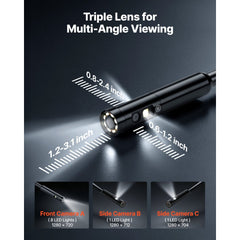 VEVOR Triple Lens Endoscope with 32.8FT Newly Ultra-Rigid Cable, Industrial Borescope with Light, 5" HD IPS Screen, 8 +