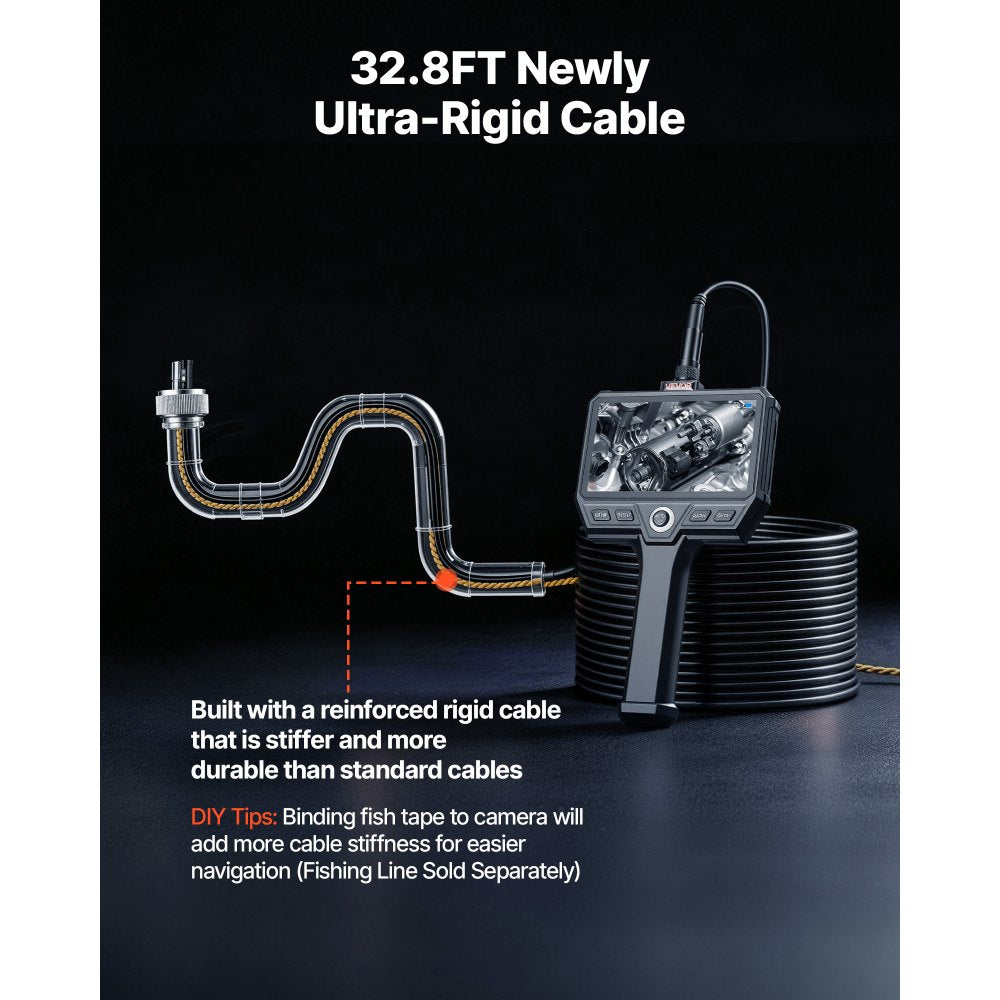 VEVOR Triple Lens Endoscope with 32.8FT Newly Ultra-Rigid Cable, Industrial Borescope with Light, 5" HD IPS Screen, 8 +