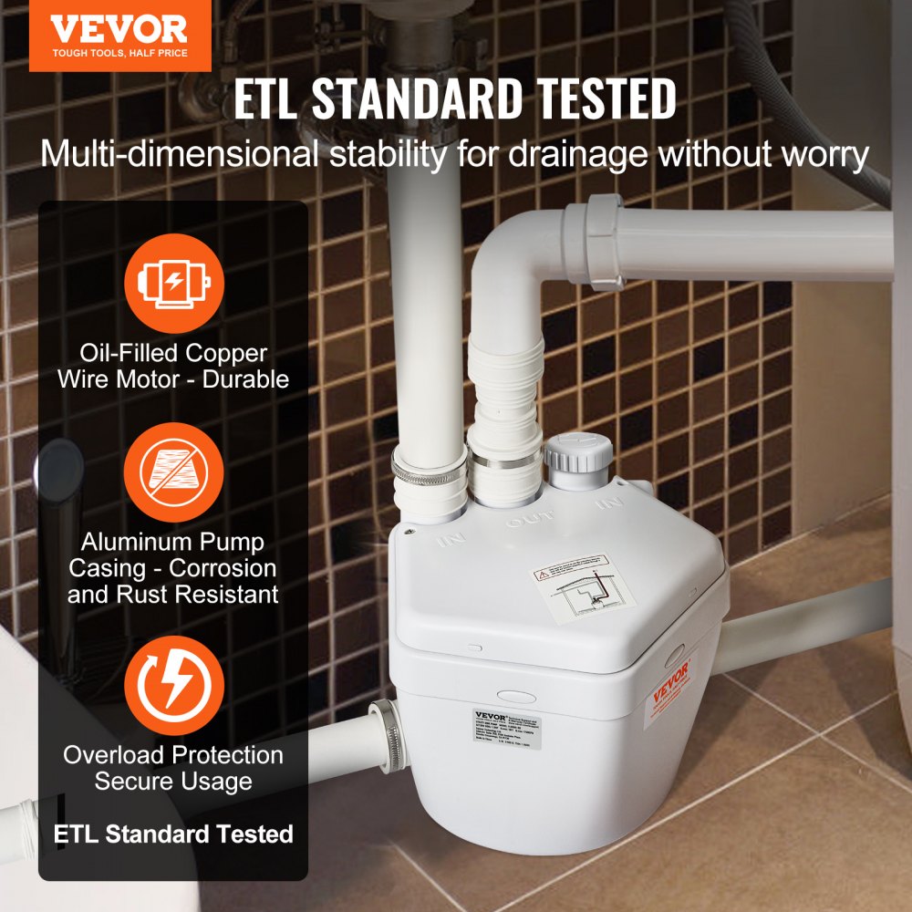 VEVOR Utility Sink Pump, 1/3 HP, 120-Volt, 1750 GPH Flow, 18 ft Head, Under-Sink Sump Pump System with Copper Wire