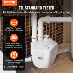 VEVOR Utility Sink Pump, 1/3 HP, 120-Volt, 1750 GPH Flow, 18 ft Head, Under-Sink Sump Pump System with Copper Wire