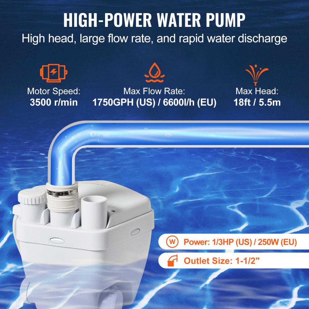 VEVOR Utility Sink Pump, 1/3 HP, 120-Volt, 1750 GPH Flow, 18 ft Head, Under-Sink Sump Pump System with Copper Wire