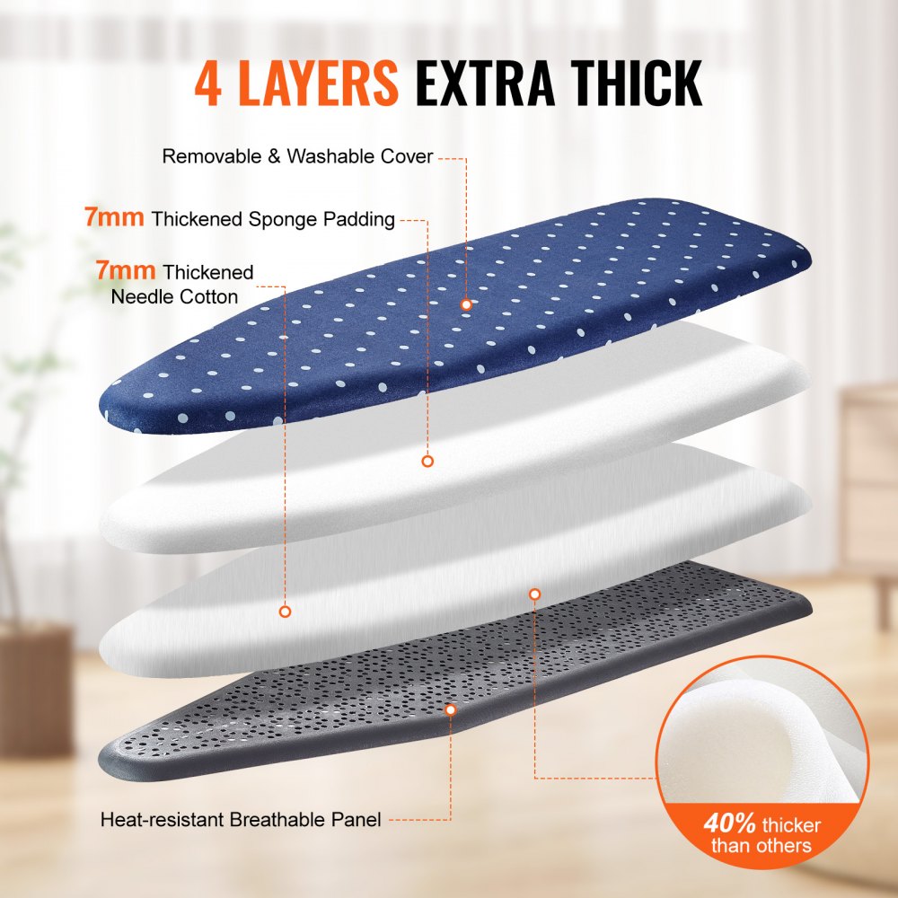 VEVOR Ironing Board with Bottom Storage Tray, Thickened 4 Layers Iron Board with Heat Resistant Cover and 100% Cotton