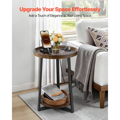 VEVOR End Table, 2-Tier Round Side Table with Open Storage Shelves, Modern Nightstand Bedside Desk with USB & AC