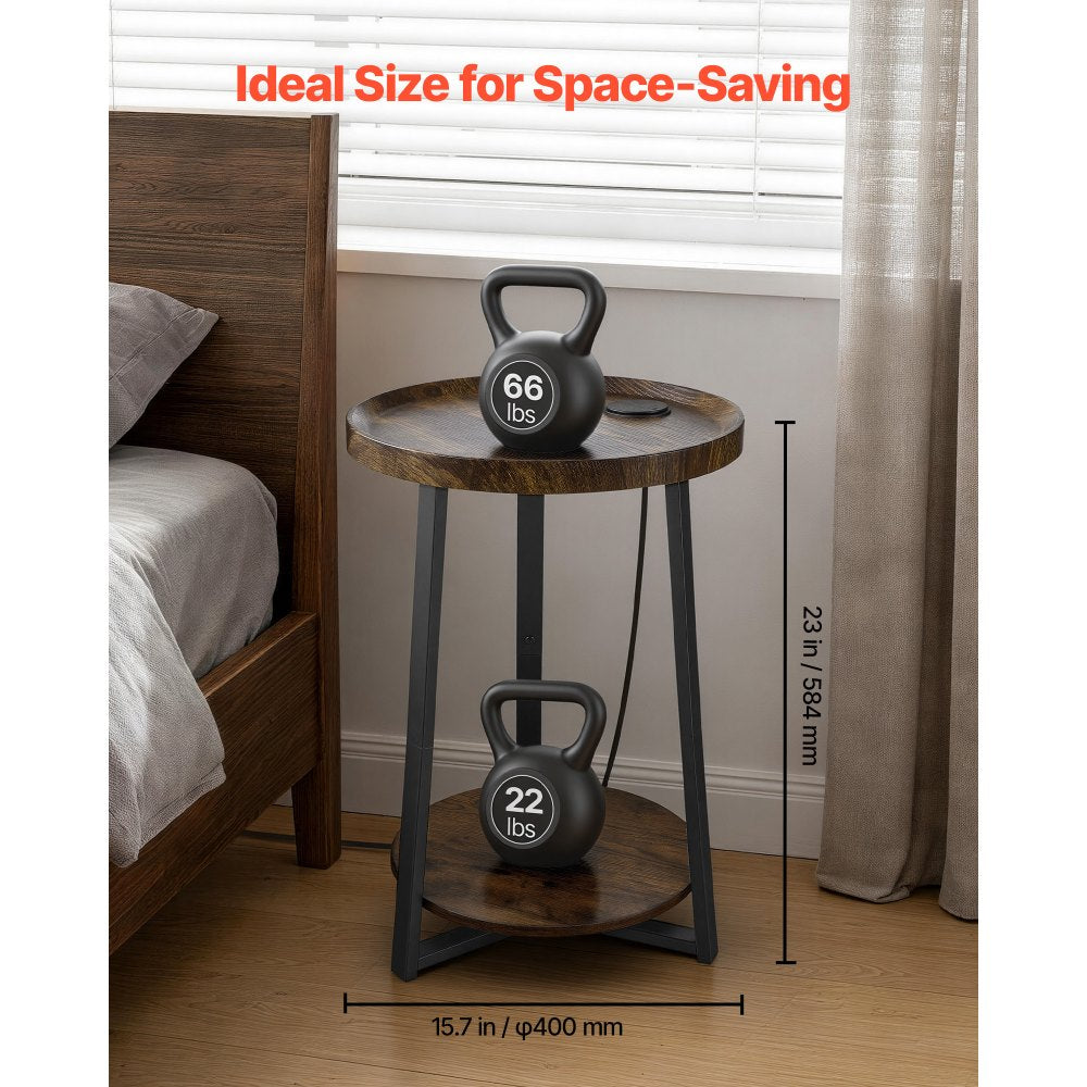 VEVOR End Table, 2-Tier Round Side Table with Open Storage Shelves, Modern Nightstand Bedside Desk with USB & AC