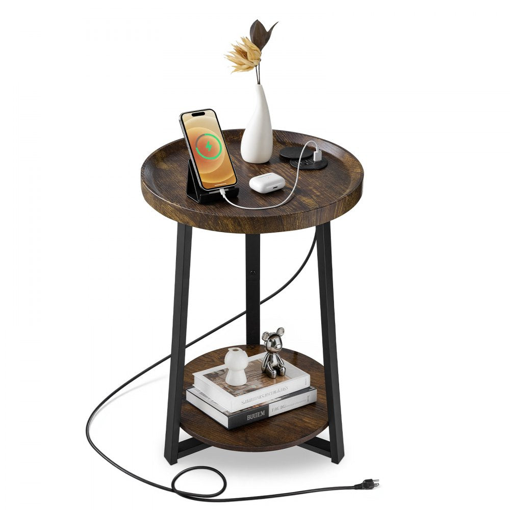 VEVOR End Table, 2-Tier Round Side Table with Open Storage Shelves, Modern Nightstand Bedside Desk with USB & AC