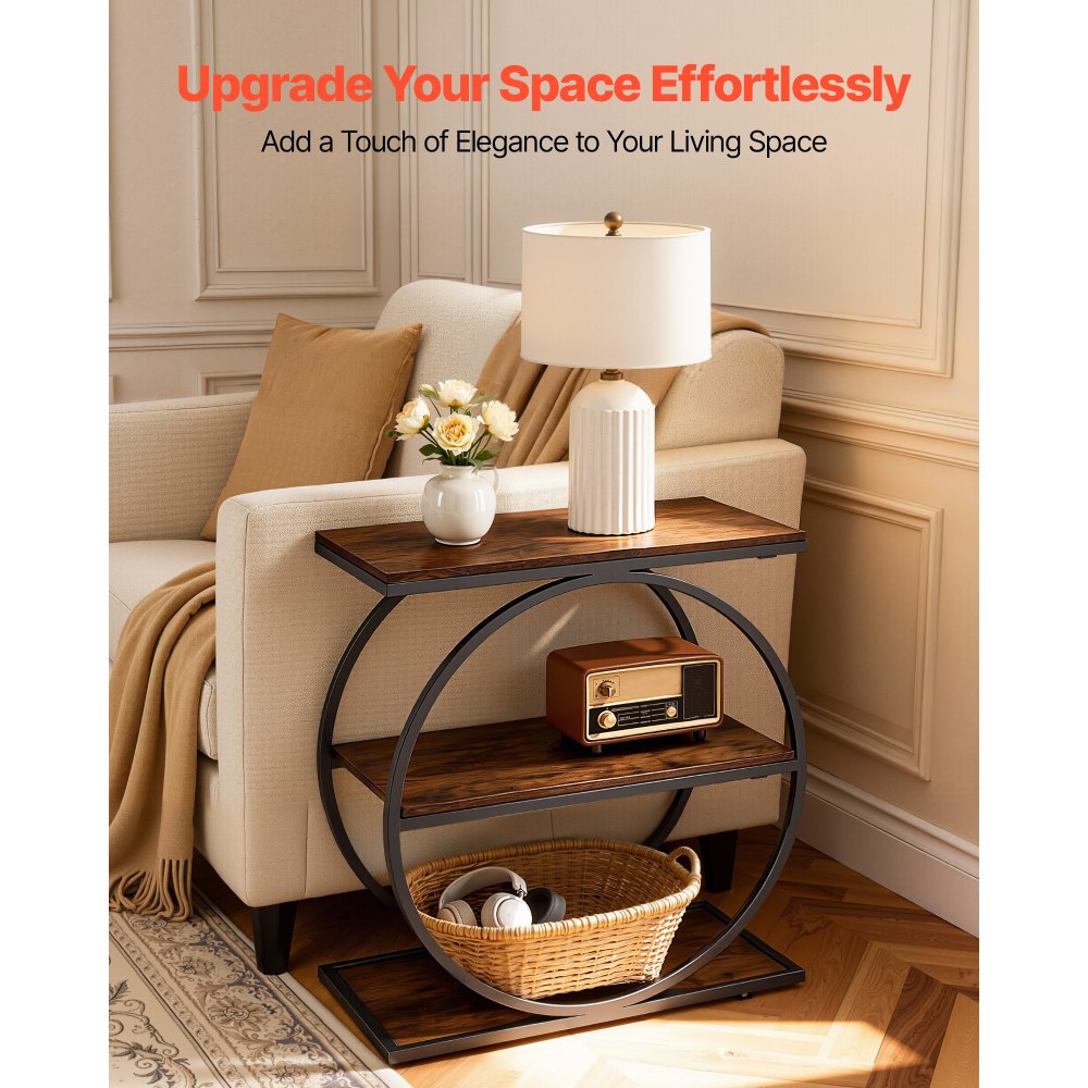 VEVOR End Table, 3-Tier Narrow Side Table with Open Storage Shelves, Modern Nightstand Bedside Desk with Round Metal