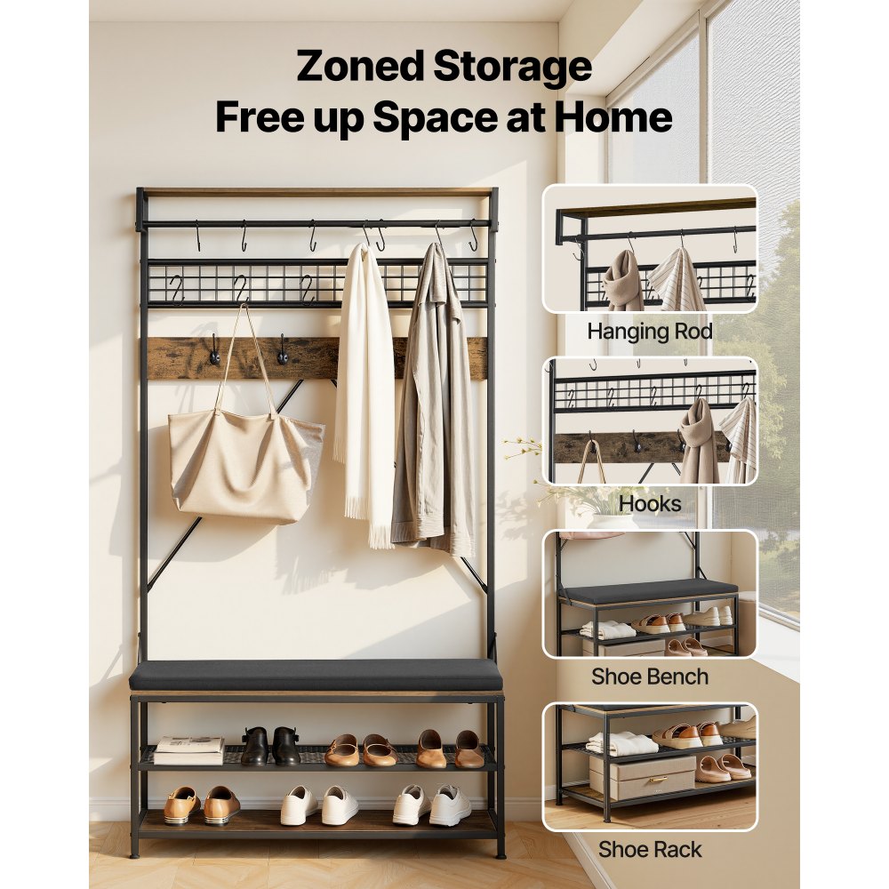 VEVOR Hall Tree, 72 in Coat Rack with Shoe Bench, 2-Tier Freestanding Shoe Rack Storage Organizer with Hooks, Hanging