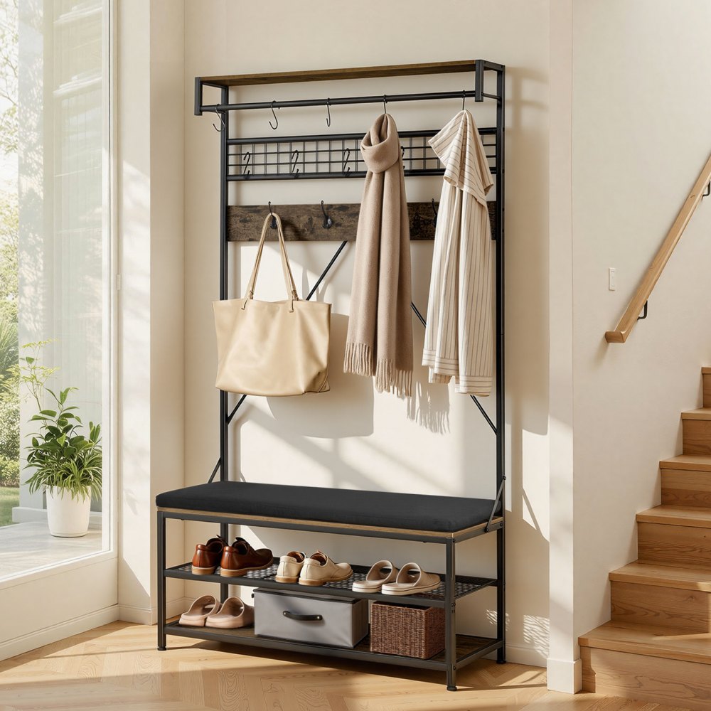 VEVOR Hall Tree, 72 in Coat Rack with Shoe Bench, 2-Tier Freestanding Shoe Rack Storage Organizer with Hooks, Hanging