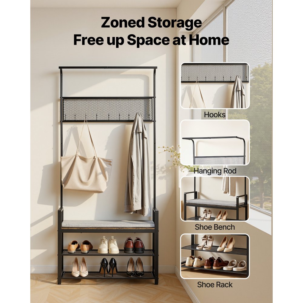VEVOR Hall Tree, 72 in Coat Rack with Shoe Bench, Freestanding 2-Tier Shoe Rack Storage Organizer with Hooks, Hanging